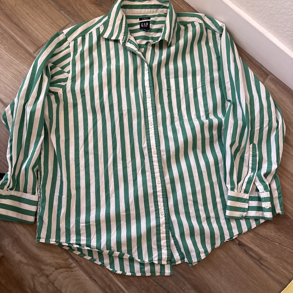 Gap Mens M The Big Shirt Green White Striped Long Sleeve Button Up 595237-01